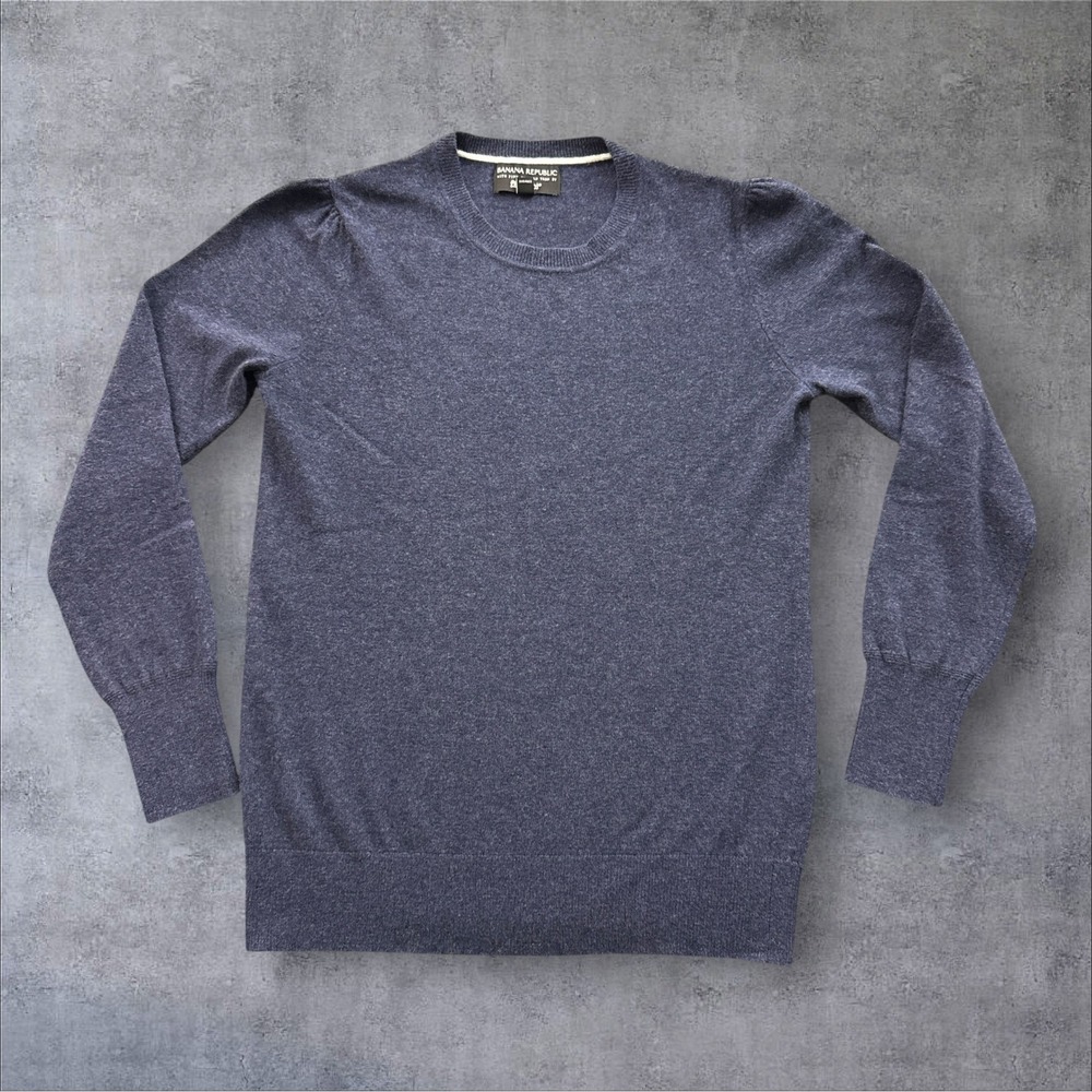 Banana Republic Puff Sleeve Crew Sweater Womens M Navy Merino Cashmere Flipucci